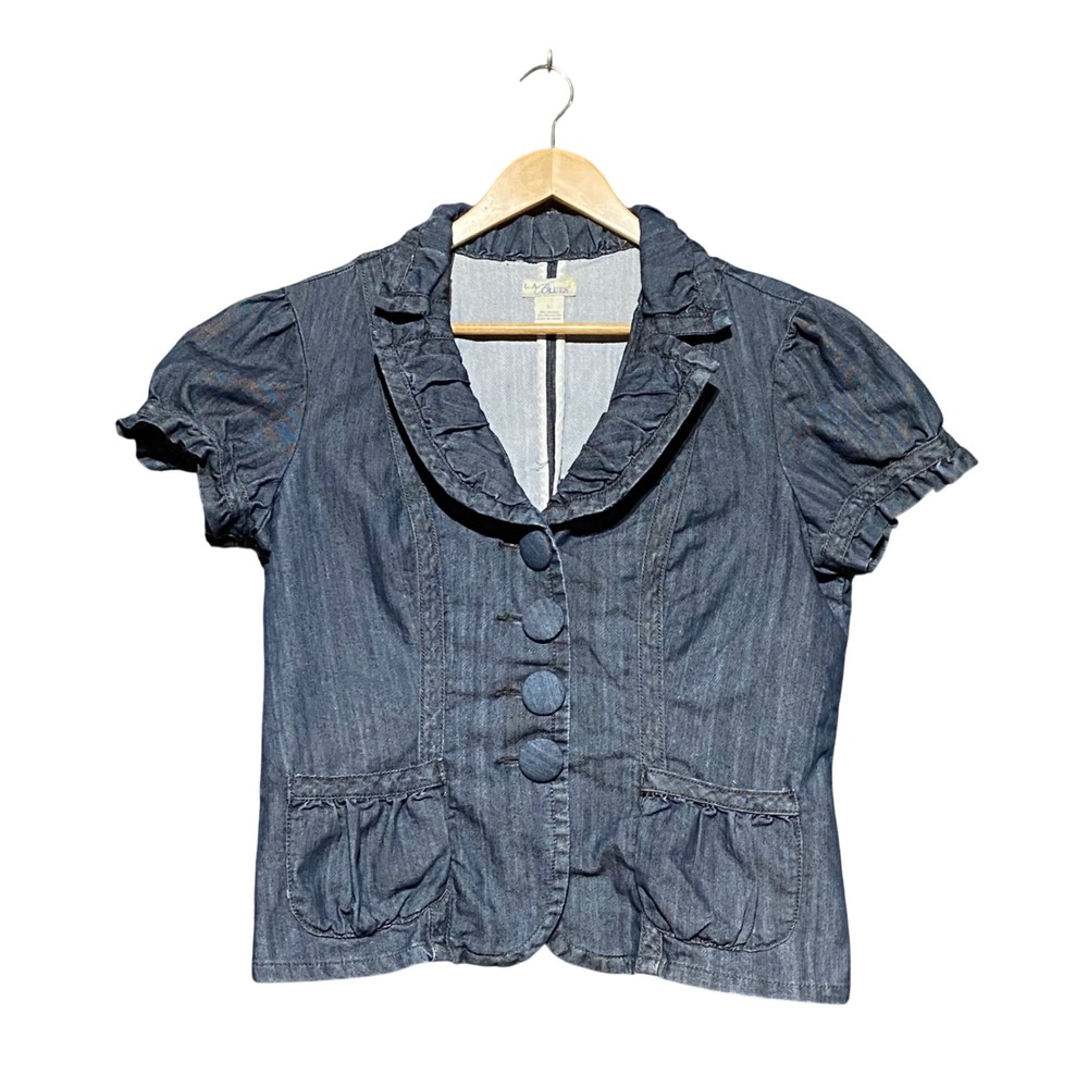LA Blues Women Y2K Blue Ruffle Short Sleeve Denim Jacket Large Shawl Collar Puff
